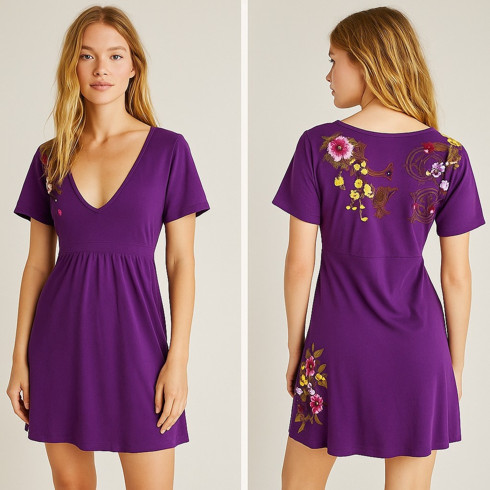 VTG Y2K JWLA Purple Embroidered Dress Small Boho Babydoll Empire Waist Boho